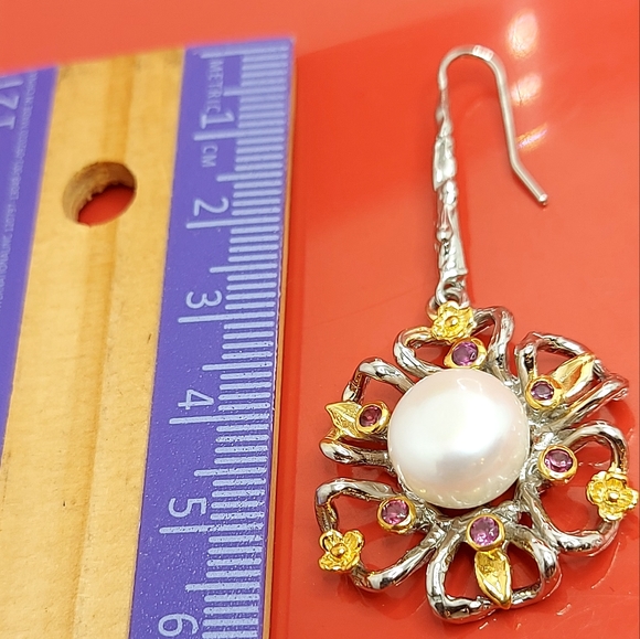 Natural Pink Rhodolite Garnet & Cultured Pearl 925‎ Sterling Silver Earrings - Picture 7 of 8